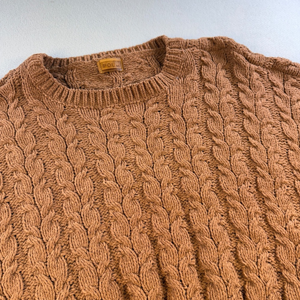 POL Cable Knit Sweater Womens Oversized Chenille High Low Brown Medium JST371B